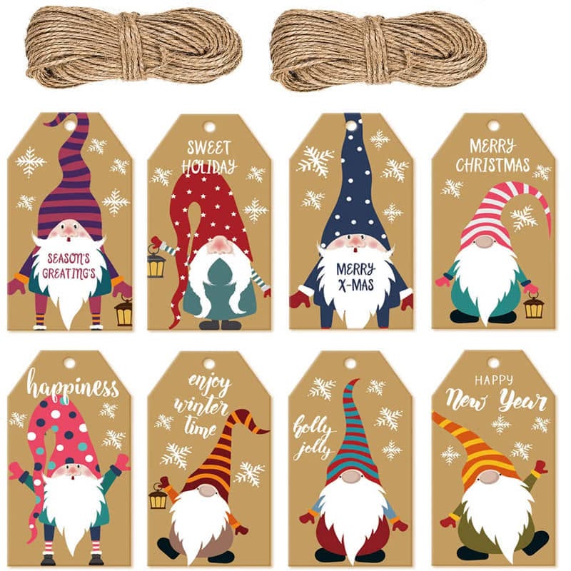 Christmas gift tags featuring illustrated gnomes sold alongside spools of jute twine